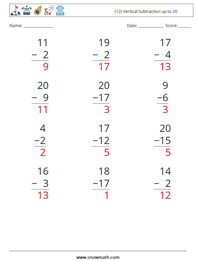 (12) Vertical Subtraction up to 20 Maths Worksheets 9 Question, Answer