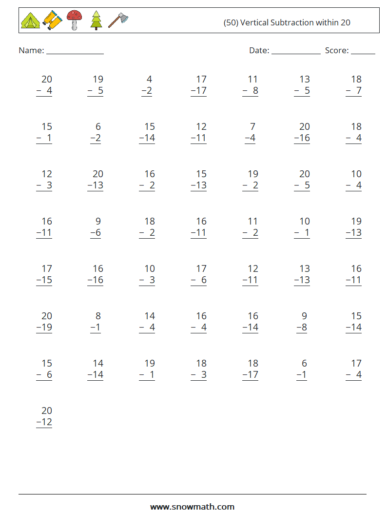 (50) Vertical Subtraction within 20 Maths Worksheets 1