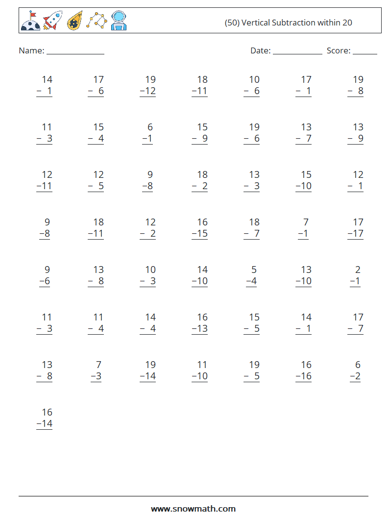 (50) Vertical Subtraction within 20 Maths Worksheets 10