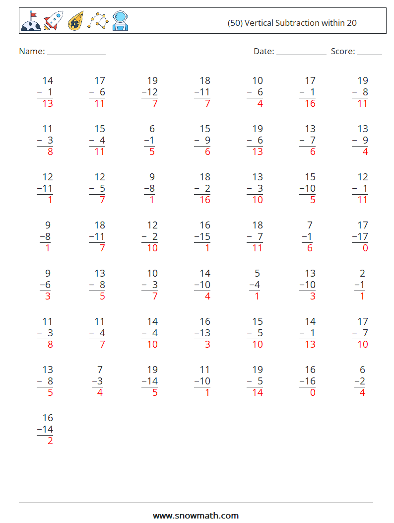 (50) Vertical Subtraction within 20 Maths Worksheets 10 Question, Answer