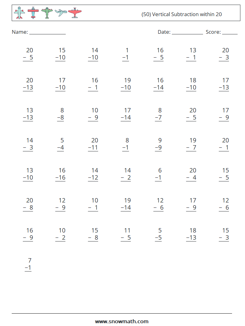 (50) Vertical Subtraction within 20 Maths Worksheets 11