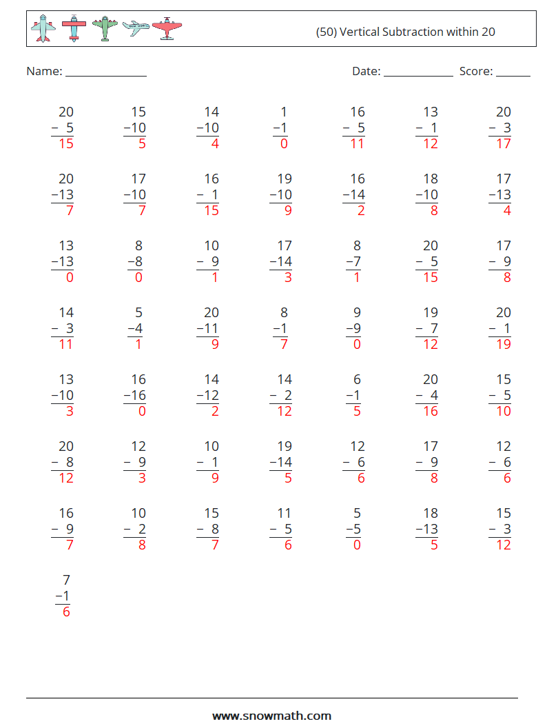 (50) Vertical Subtraction within 20 Maths Worksheets 11 Question, Answer