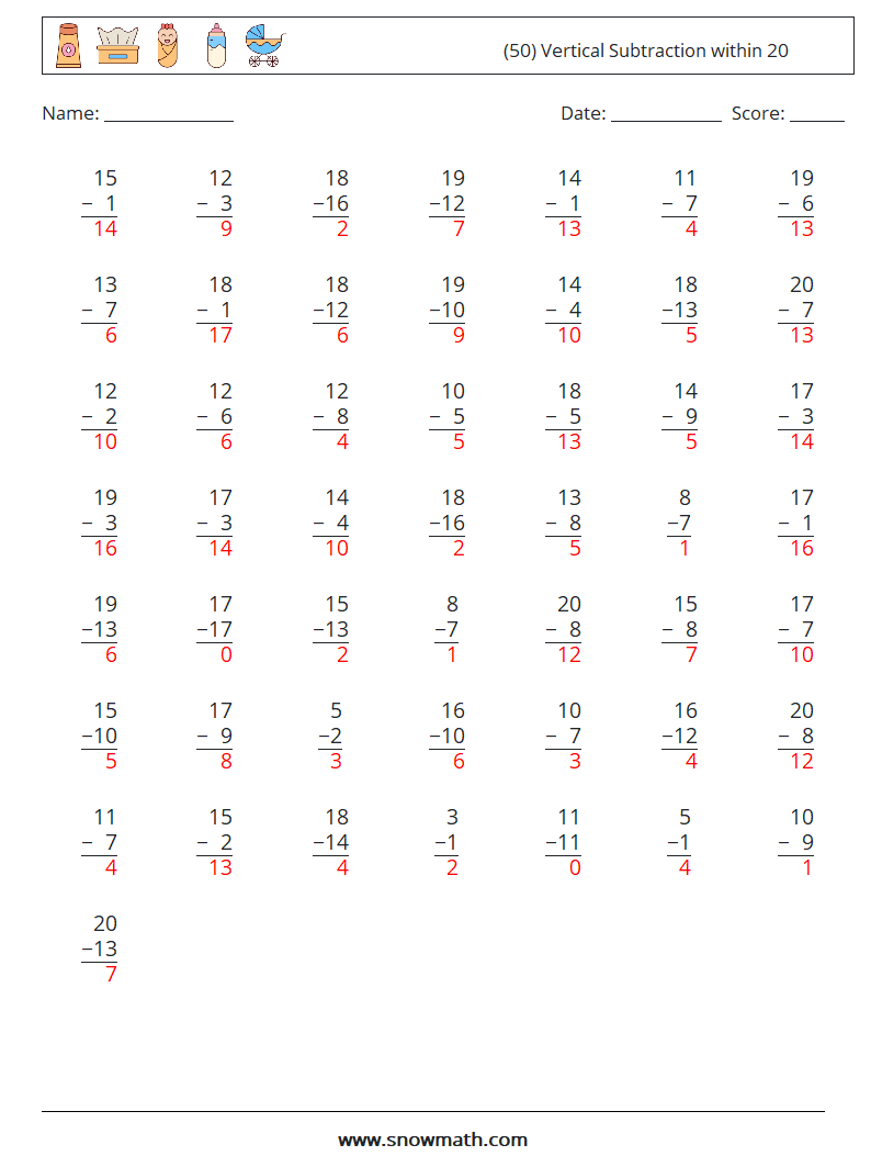 (50) Vertical Subtraction within 20 Maths Worksheets 13 Question, Answer