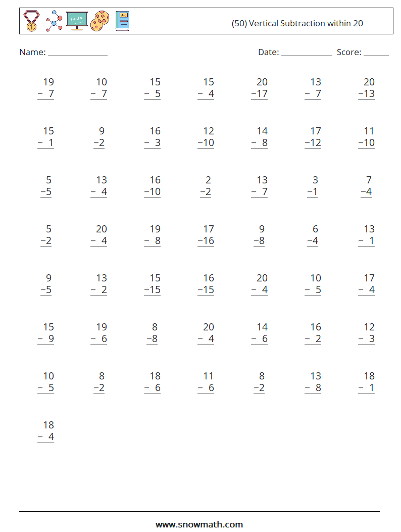 (50) Vertical Subtraction within 20 Maths Worksheets 14