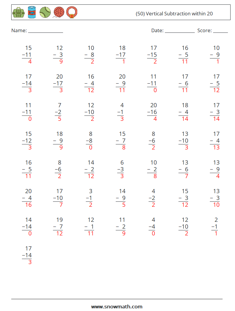 (50) Vertical Subtraction within 20 Maths Worksheets 15 Question, Answer