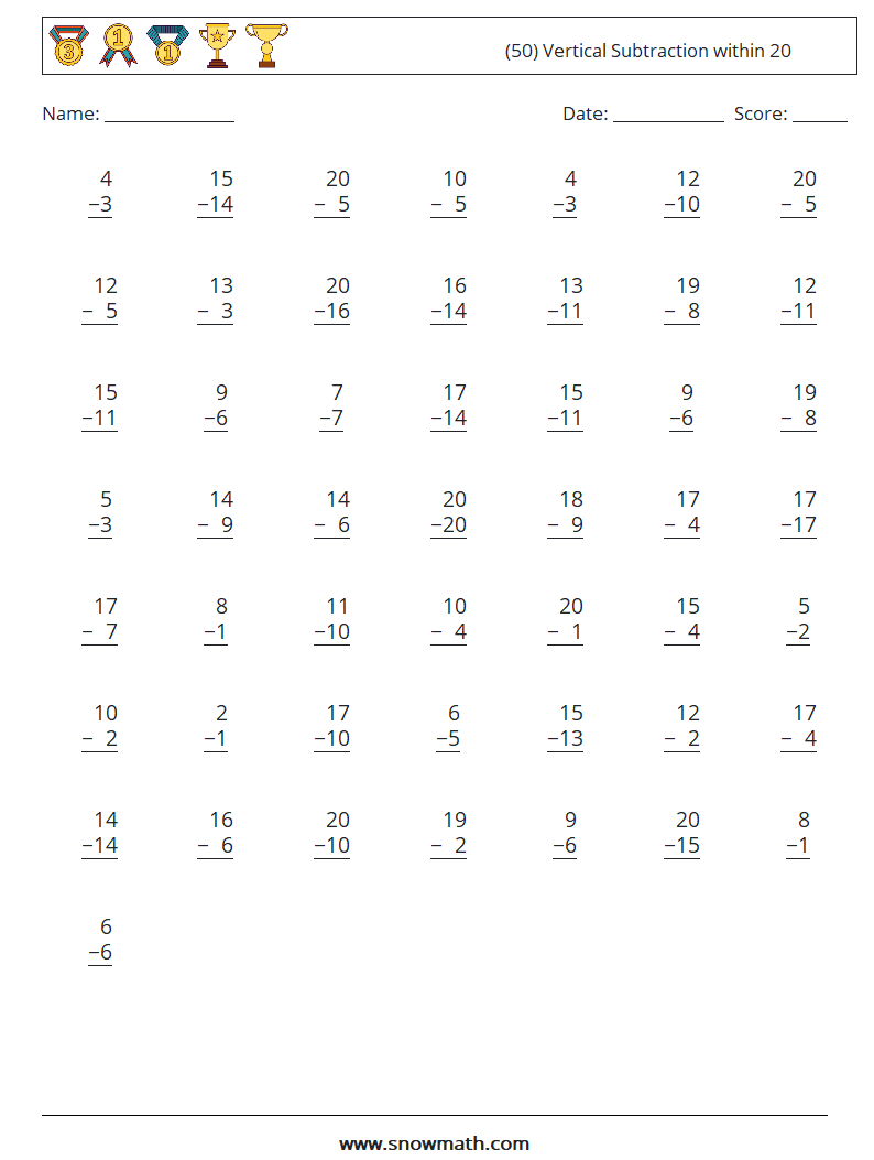 (50) Vertical Subtraction within 20 Maths Worksheets 16
