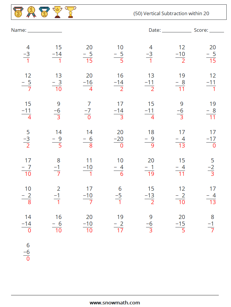 (50) Vertical Subtraction within 20 Maths Worksheets 16 Question, Answer