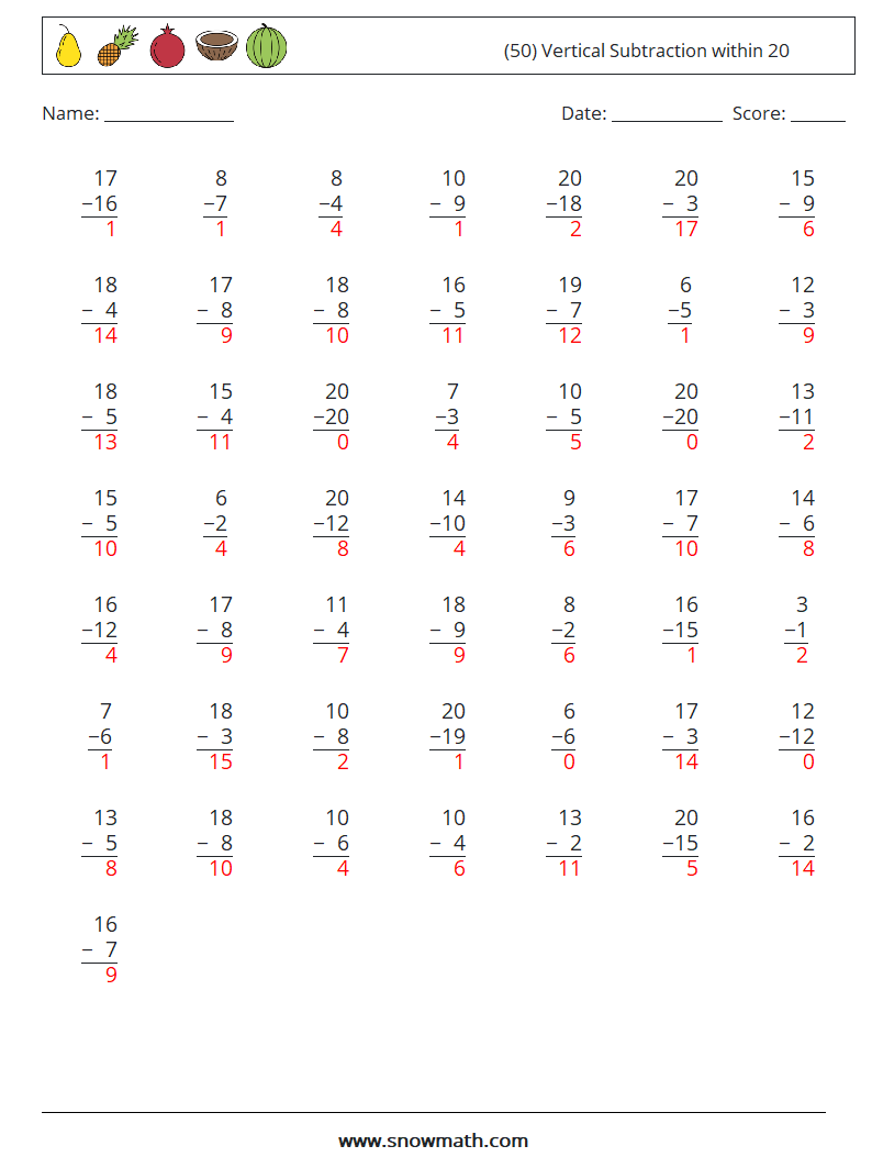 (50) Vertical Subtraction within 20 Maths Worksheets 17 Question, Answer