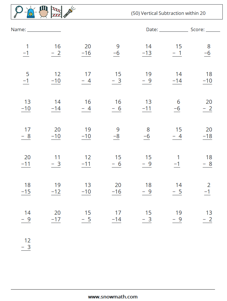 (50) Vertical Subtraction within 20 Maths Worksheets 18