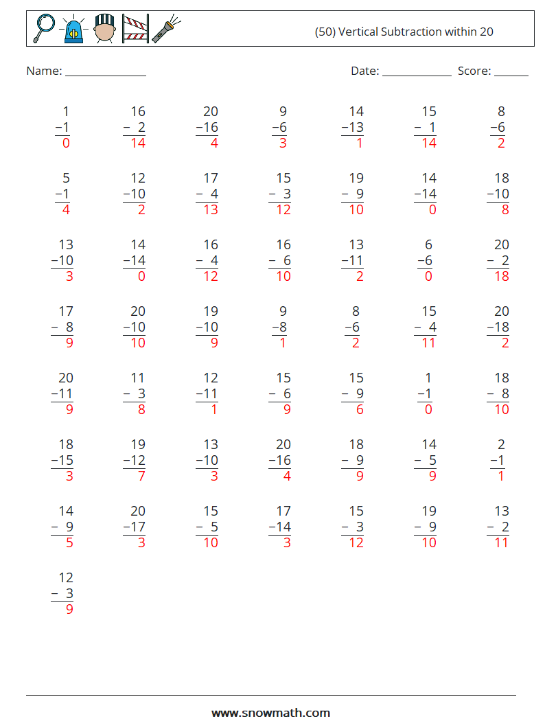 (50) Vertical Subtraction within 20 Maths Worksheets 18 Question, Answer