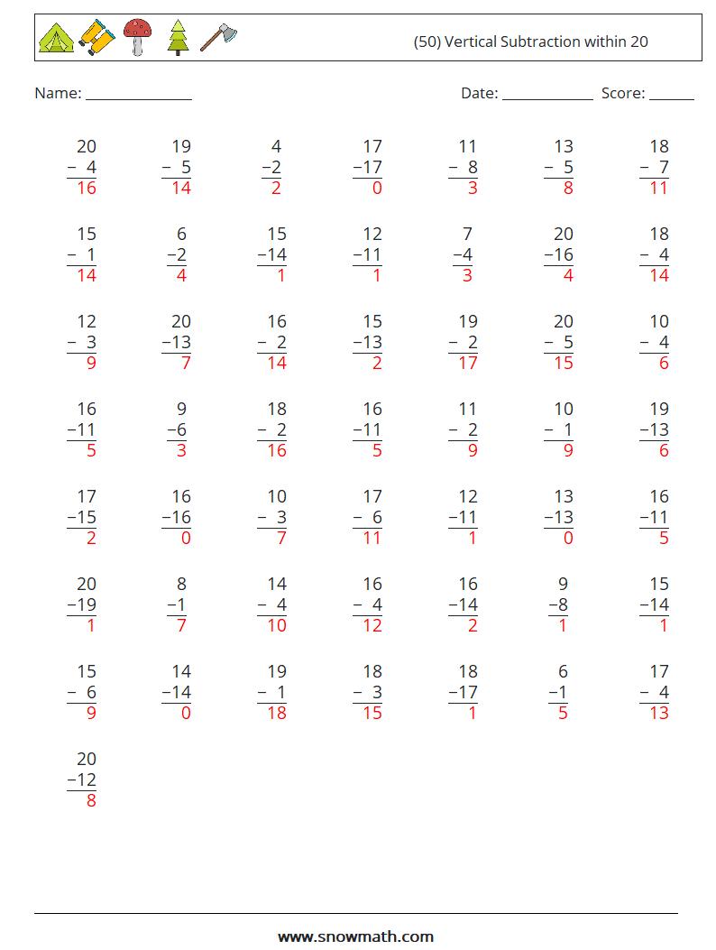 (50) Vertical Subtraction within 20 Maths Worksheets 1 Question, Answer