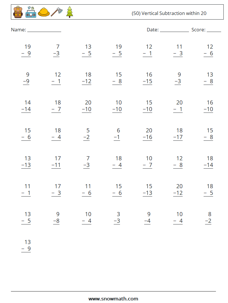 (50) Vertical Subtraction within 20 Maths Worksheets 2
