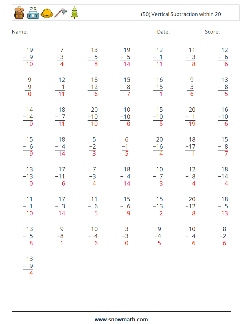 (50) Vertical Subtraction within 20 Maths Worksheets 2 Question, Answer