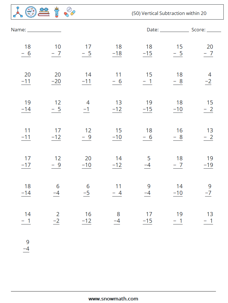 (50) Vertical Subtraction within 20 Maths Worksheets 4