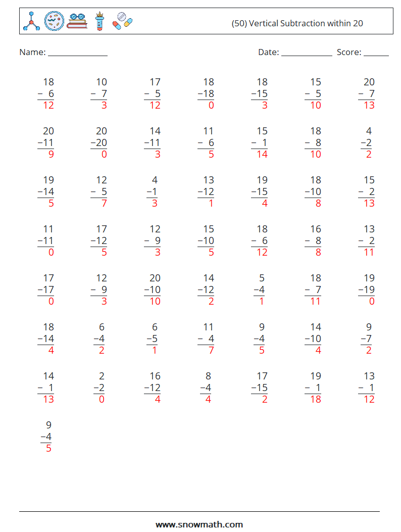 (50) Vertical Subtraction within 20 Maths Worksheets 4 Question, Answer