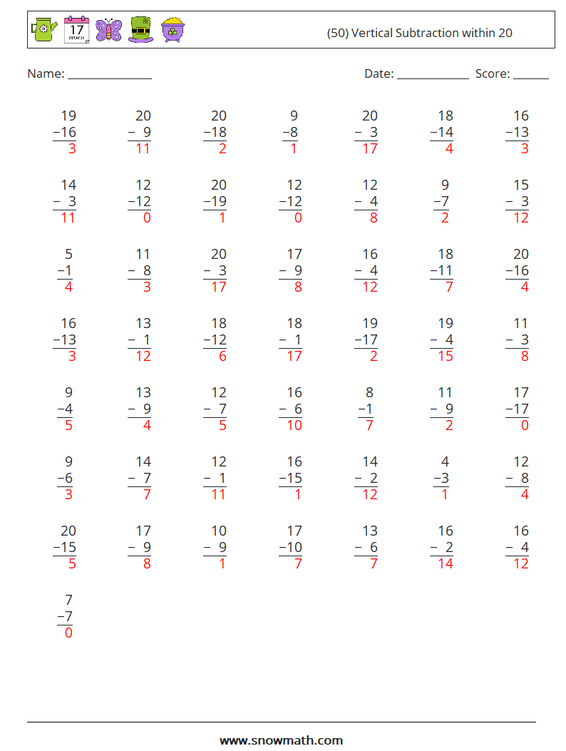 (50) Vertical Subtraction within 20 Maths Worksheets 5 Question, Answer