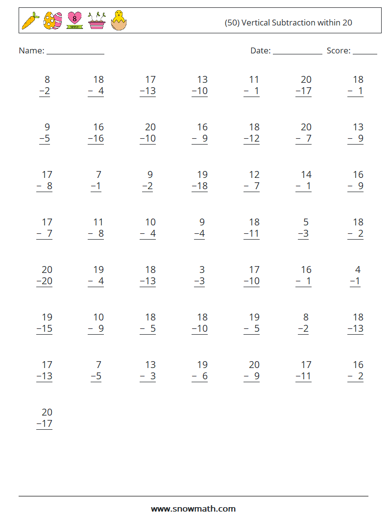 (50) Vertical Subtraction within 20 Maths Worksheets 6