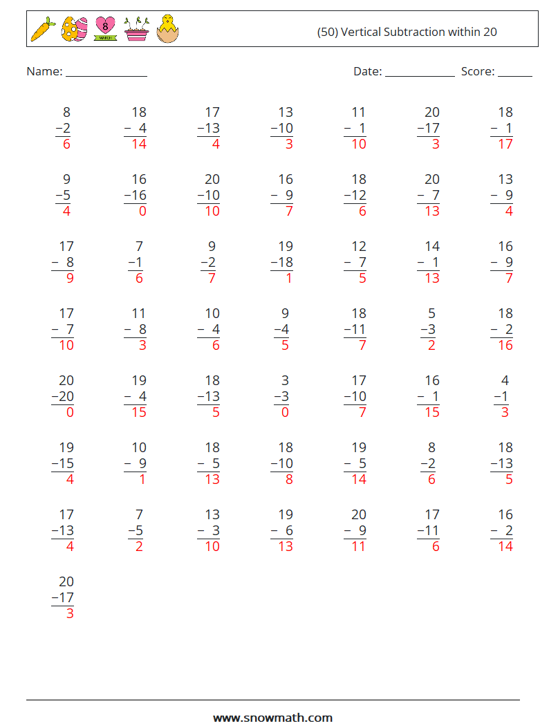 (50) Vertical Subtraction within 20 Maths Worksheets 6 Question, Answer