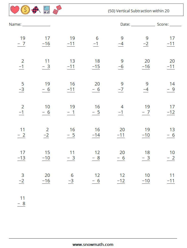(50) Vertical Subtraction within 20 Maths Worksheets 7