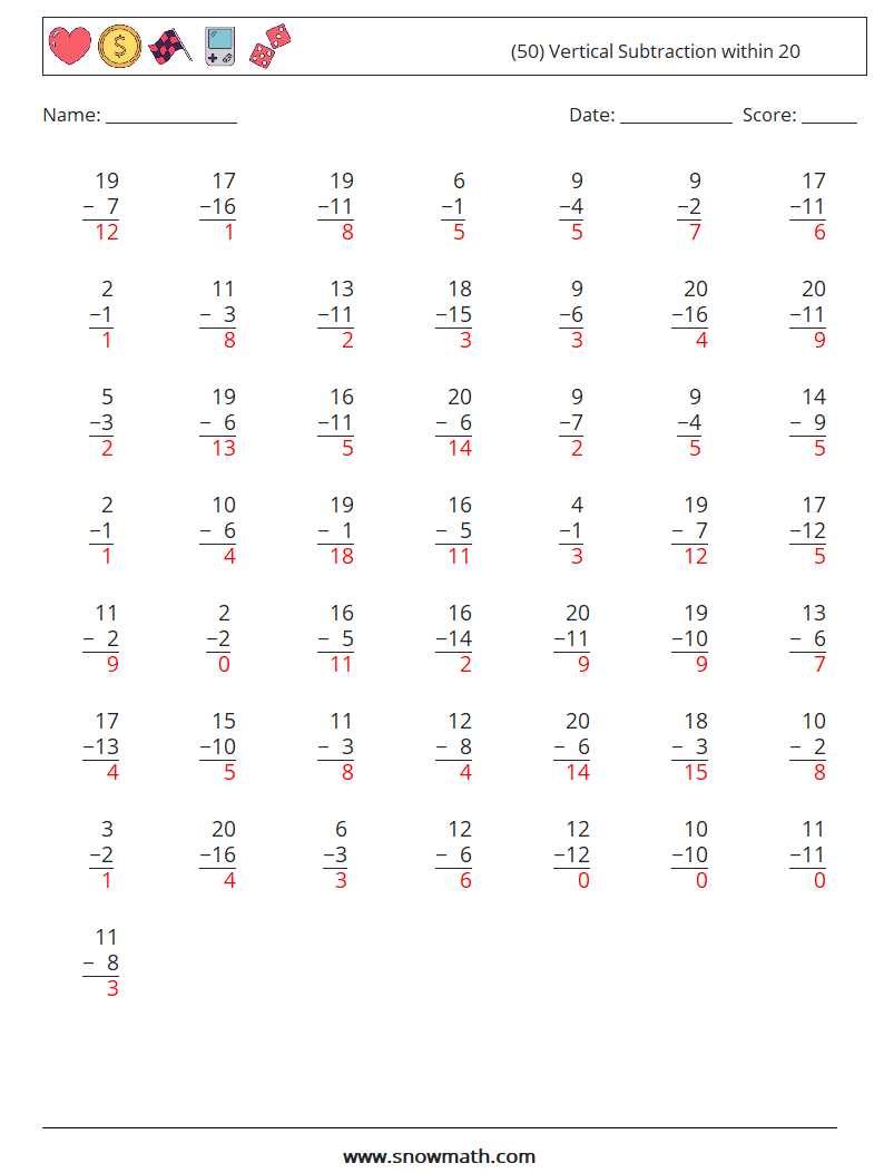 (50) Vertical Subtraction within 20 Maths Worksheets 7 Question, Answer