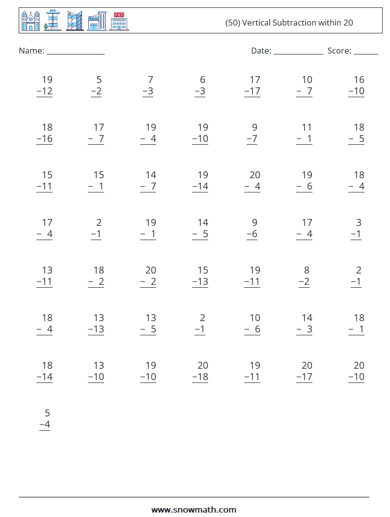 (50) Vertical Subtraction within 20 Maths Worksheets 8
