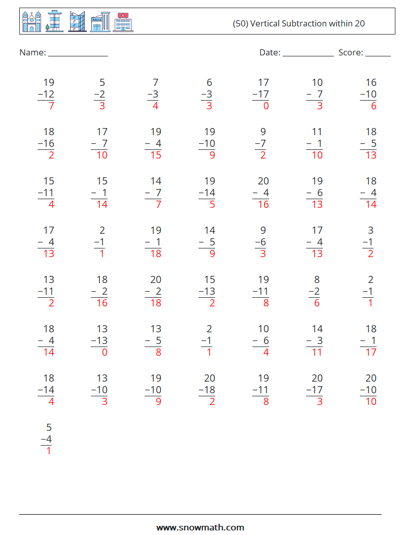 (50) Vertical Subtraction within 20 Maths Worksheets 8 Question, Answer