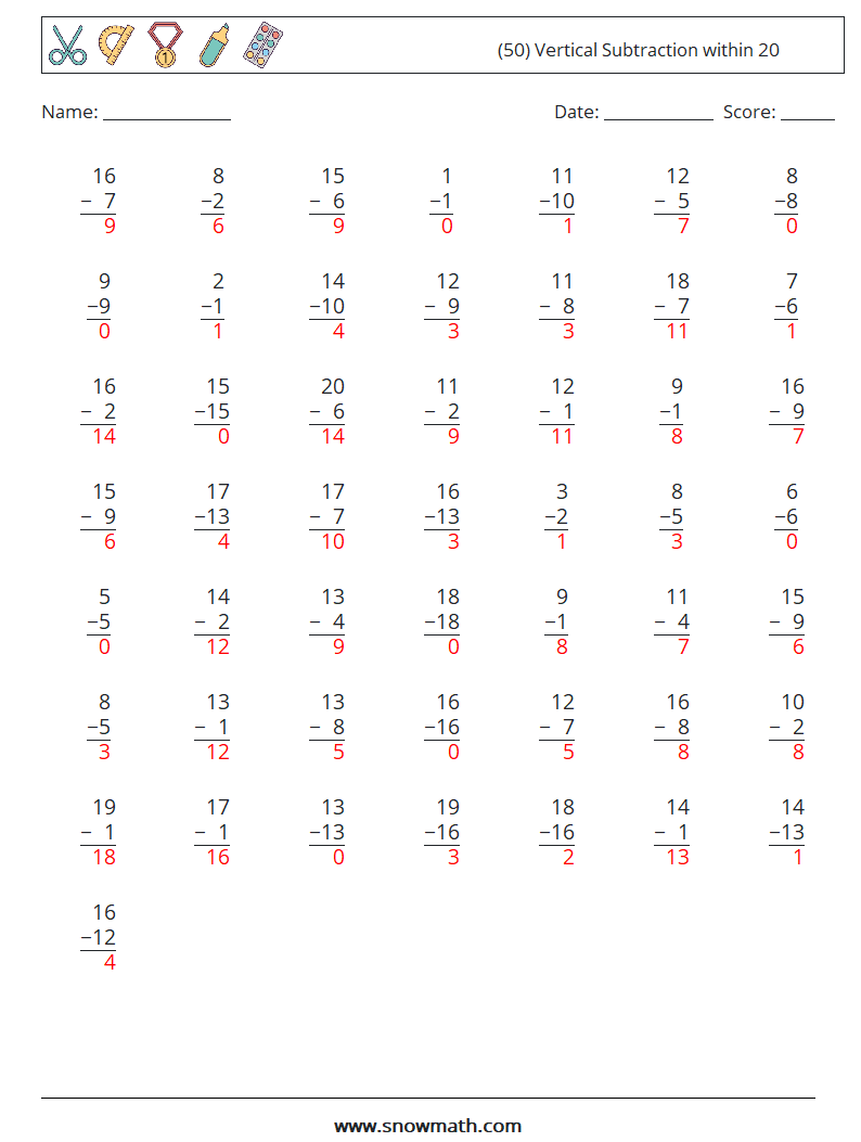 (50) Vertical Subtraction within 20 Maths Worksheets 9 Question, Answer