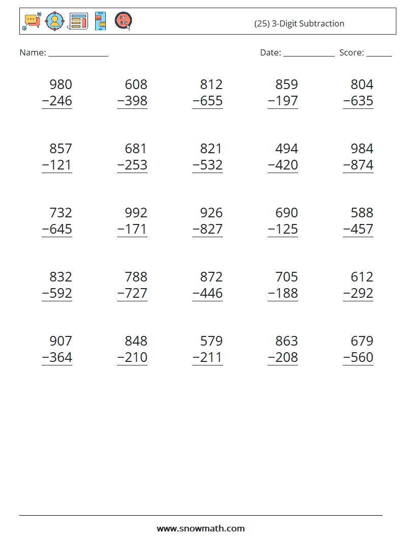 (25) 3-Digit Subtraction Maths Worksheets 1