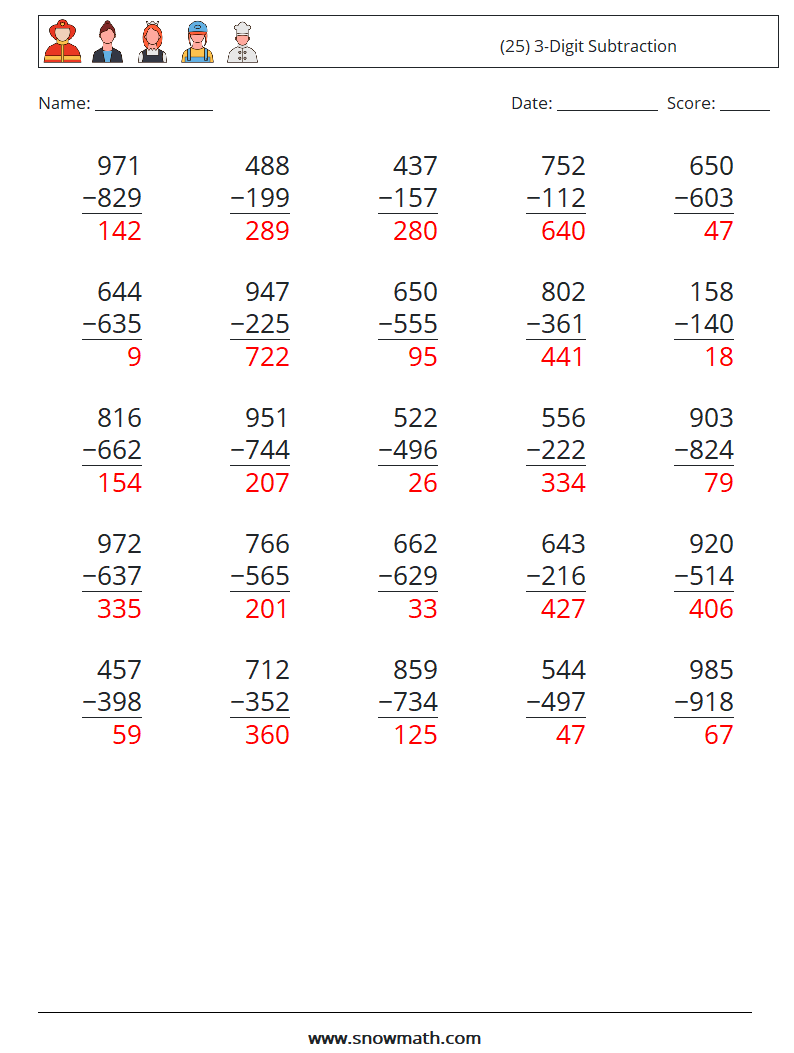 (25) 3-Digit Subtraction Maths Worksheets 11 Question, Answer