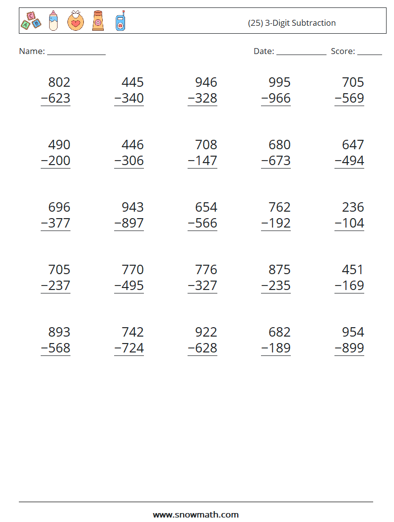 (25) 3-Digit Subtraction Maths Worksheets 12