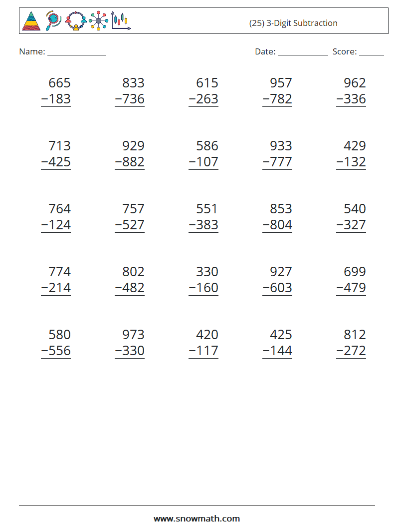 (25) 3-Digit Subtraction Maths Worksheets 13
