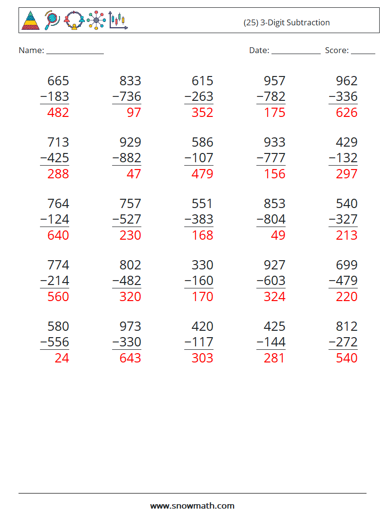 (25) 3-Digit Subtraction Maths Worksheets 13 Question, Answer