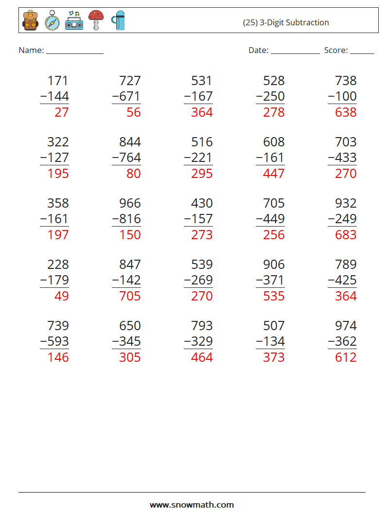 (25) 3-Digit Subtraction Maths Worksheets 14 Question, Answer