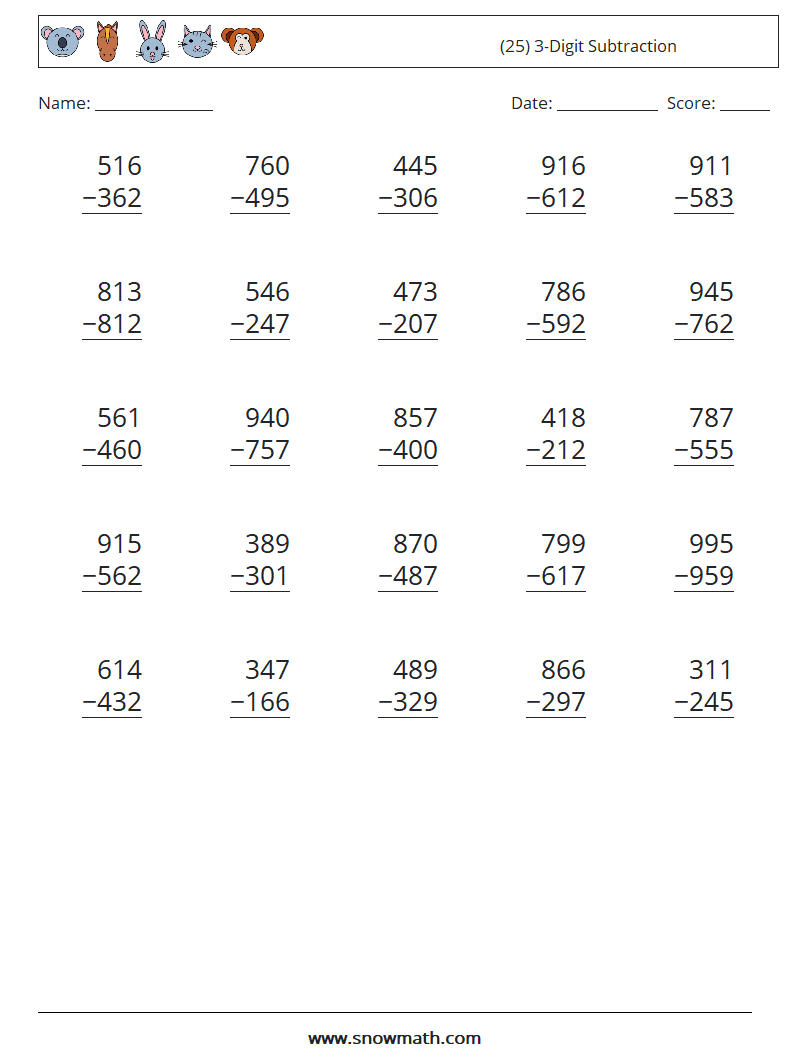 (25) 3-Digit Subtraction Maths Worksheets 16