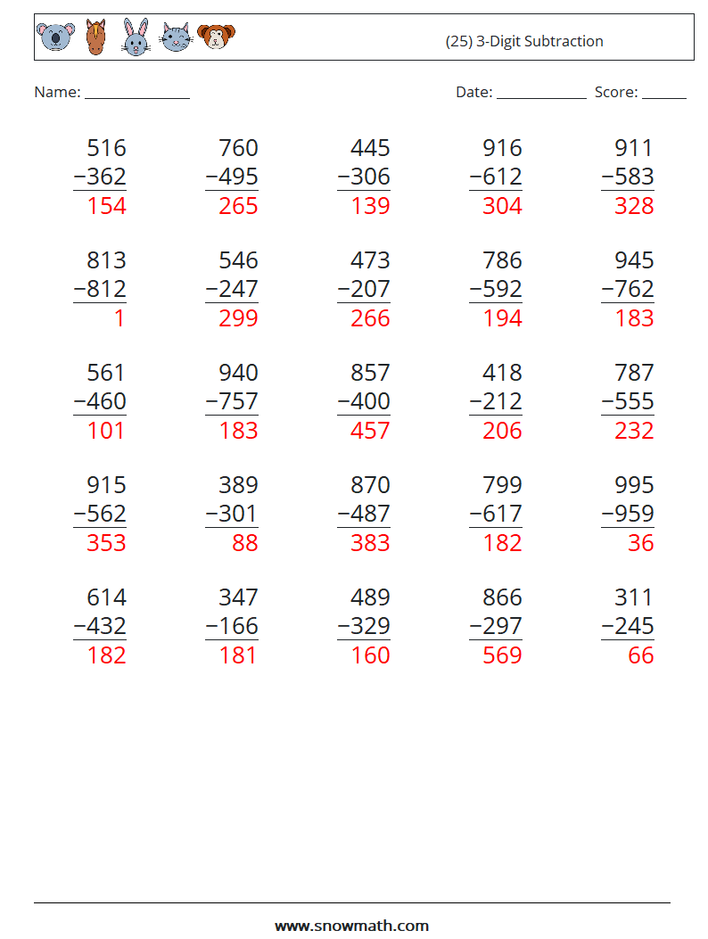 (25) 3-Digit Subtraction Maths Worksheets 16 Question, Answer