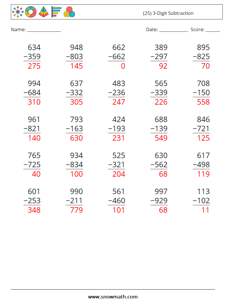 (25) 3-Digit Subtraction Maths Worksheets 18 Question, Answer