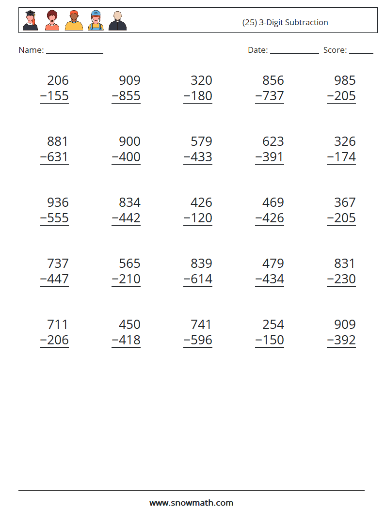 (25) 3-Digit Subtraction Maths Worksheets 3