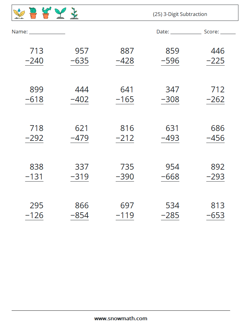 (25) 3-Digit Subtraction Maths Worksheets 4