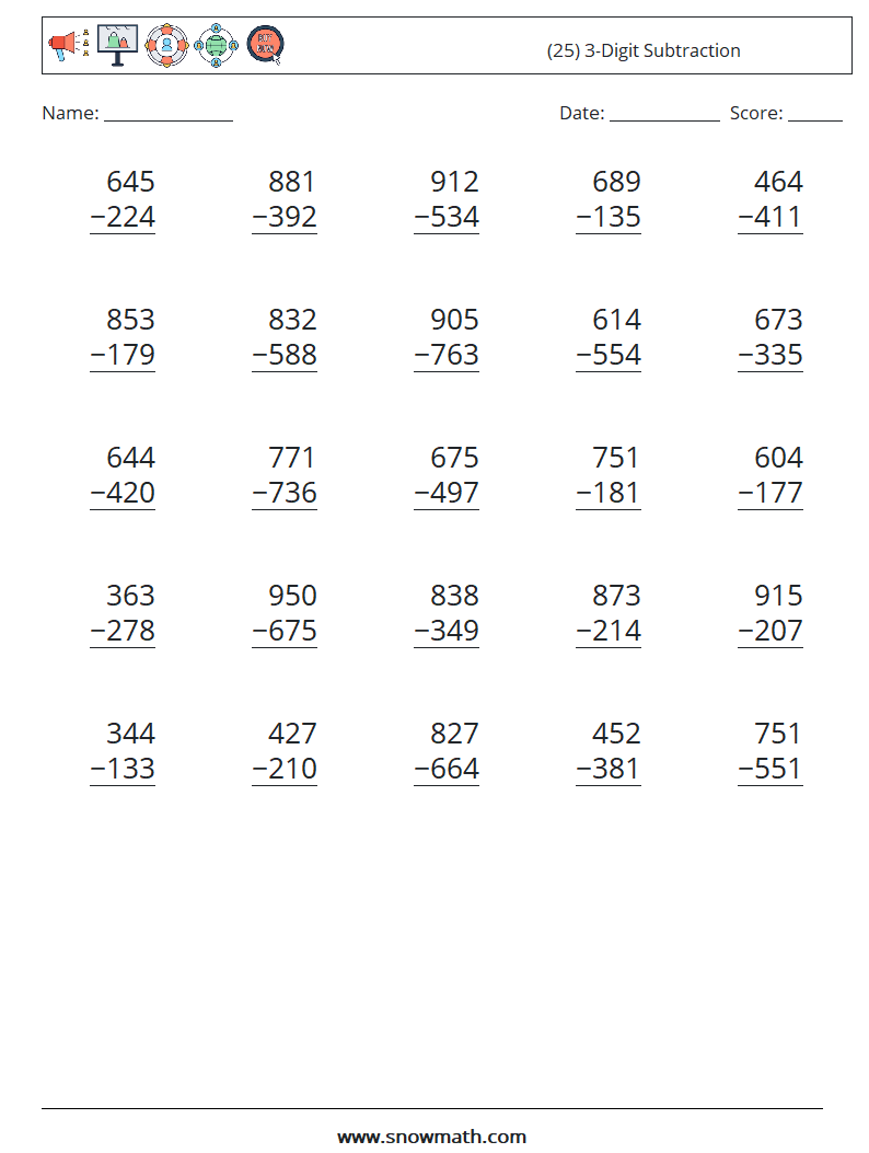 (25) 3-Digit Subtraction Maths Worksheets 5