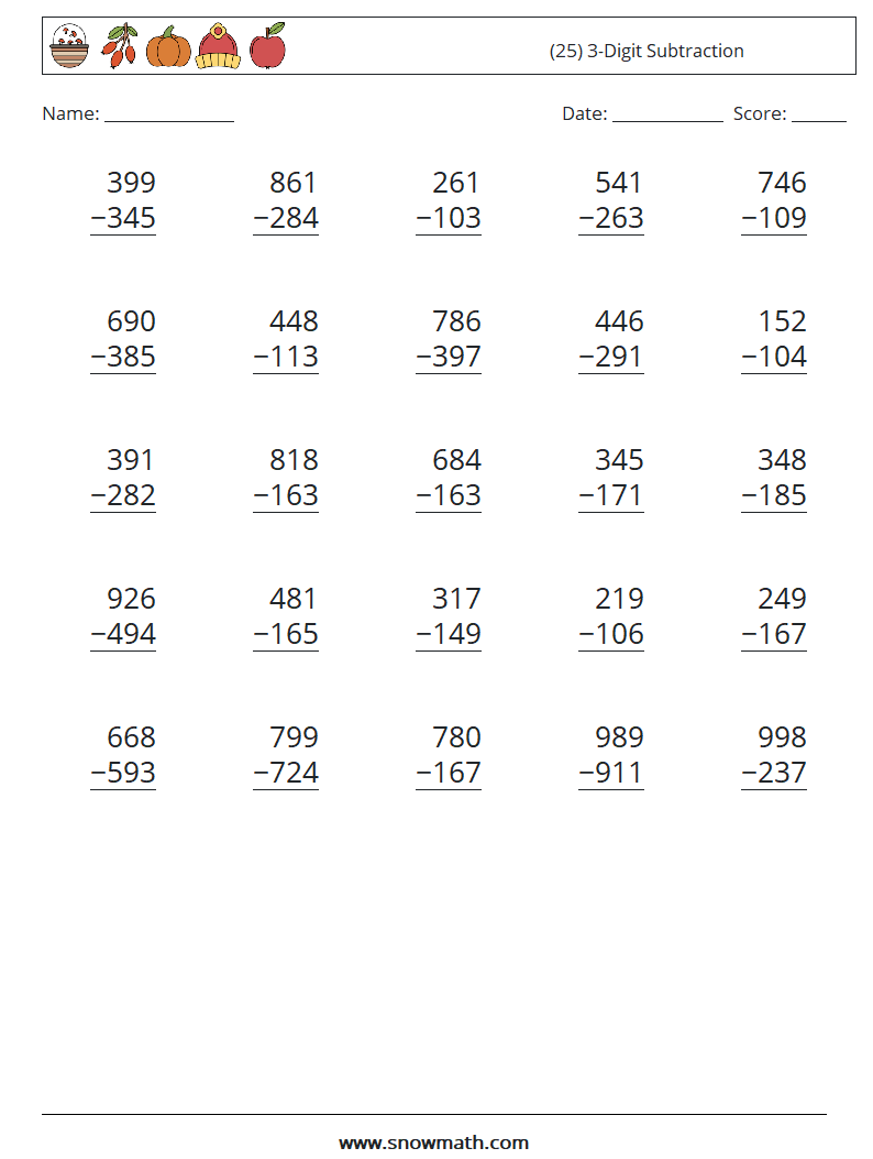 (25) 3-Digit Subtraction Maths Worksheets 6