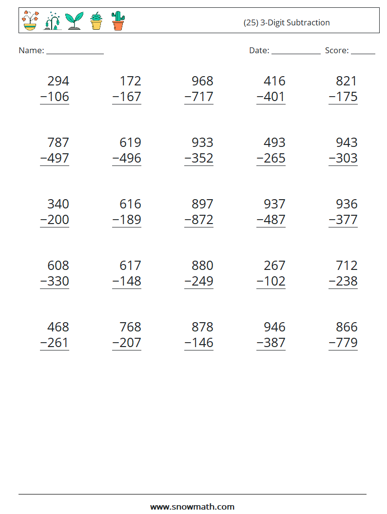(25) 3-Digit Subtraction Maths Worksheets 7