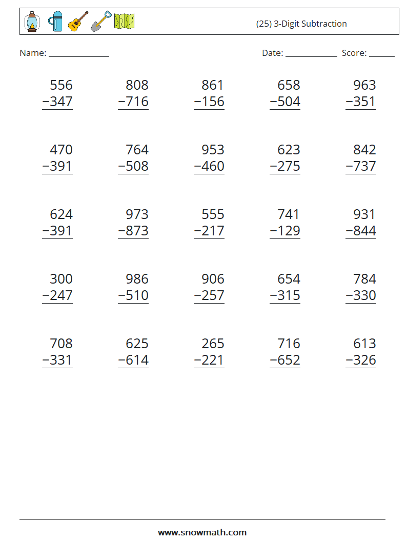 (25) 3-Digit Subtraction Maths Worksheets 8