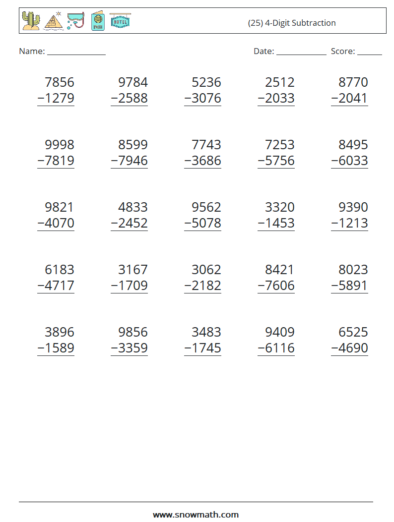 (25) 4-Digit Subtraction Maths Worksheets 10