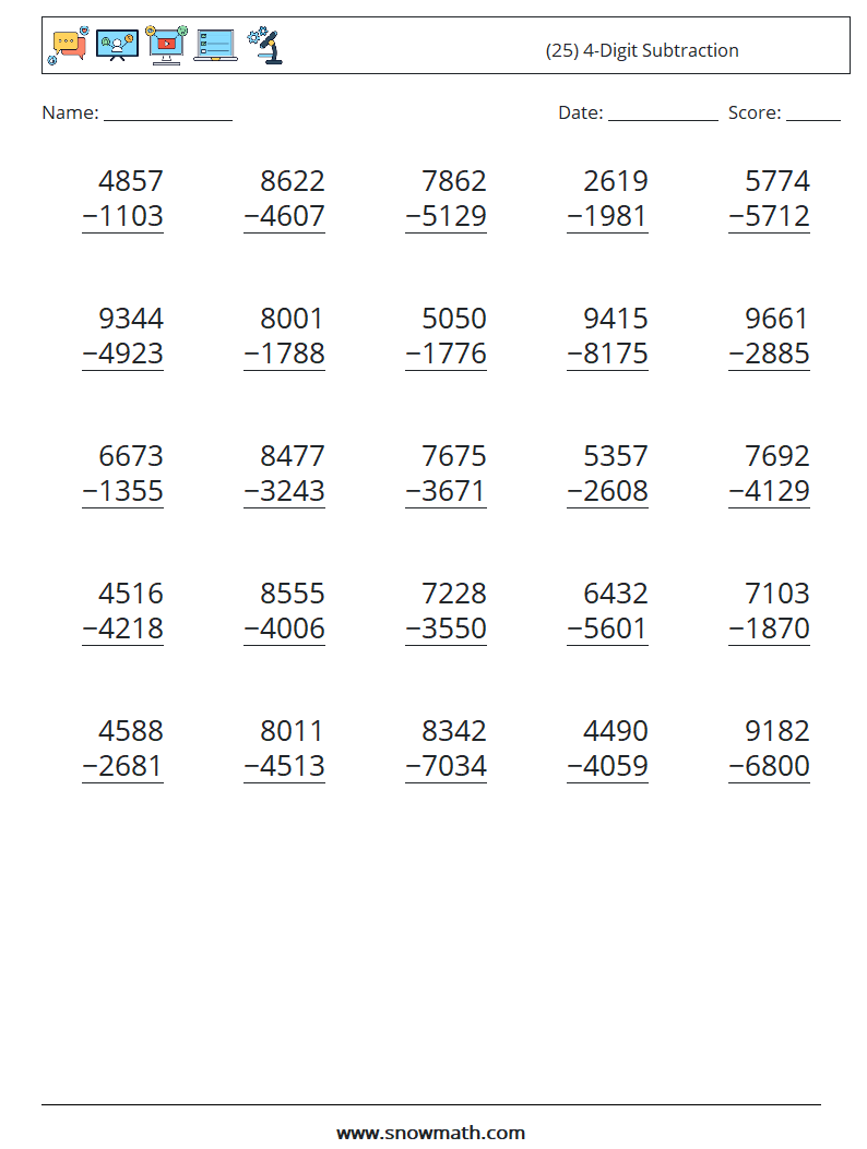 (25) 4-Digit Subtraction Maths Worksheets 11