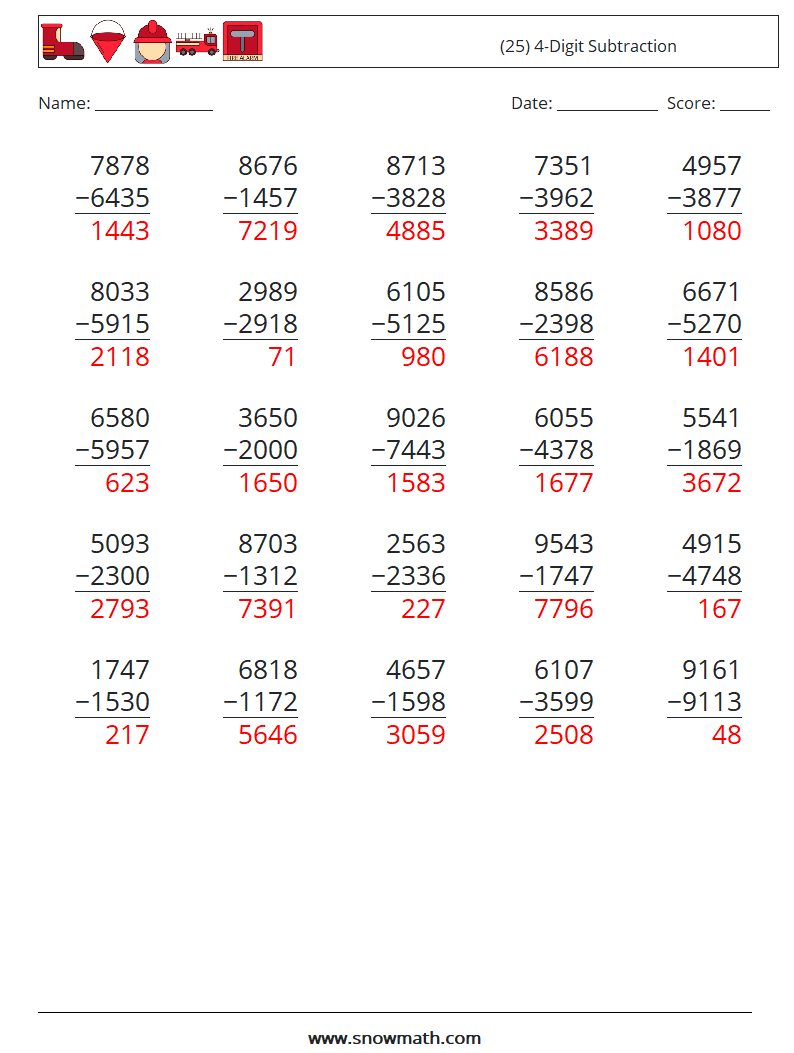 (25) 4-Digit Subtraction Maths Worksheets 13 Question, Answer