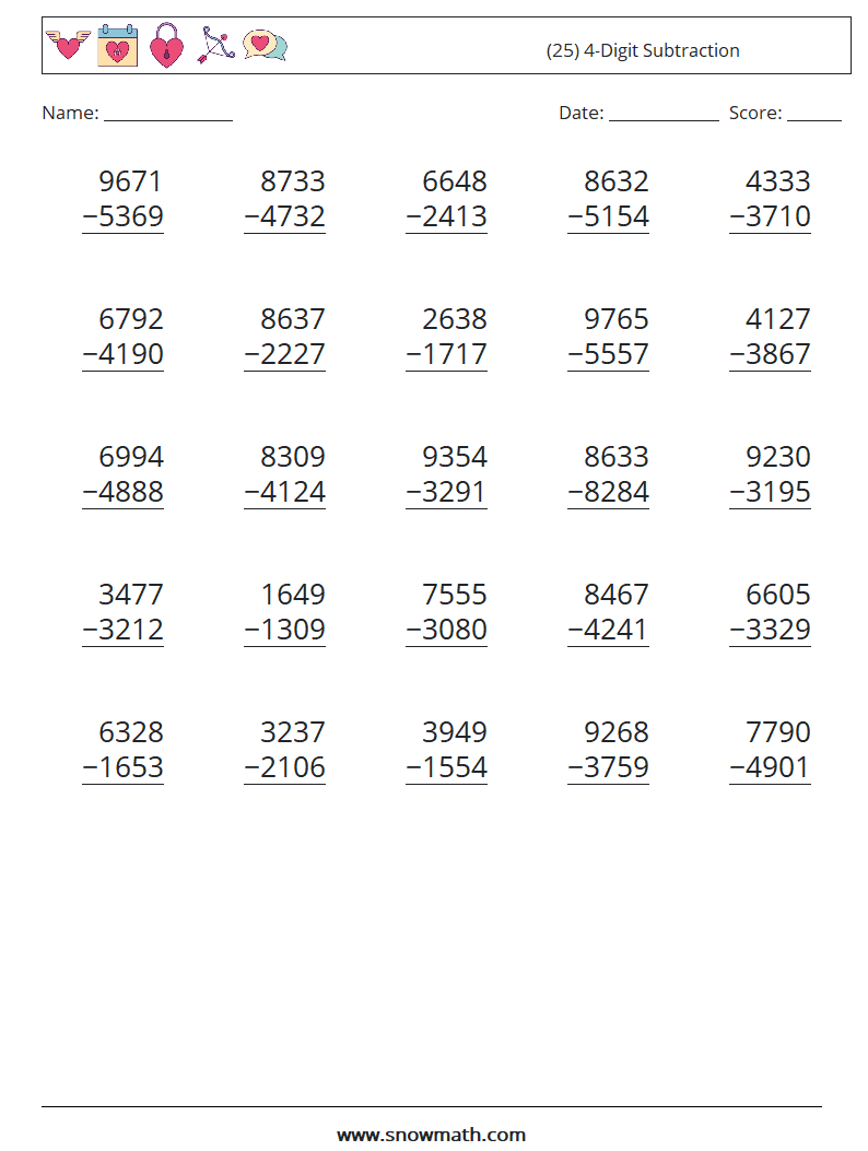 (25) 4-Digit Subtraction Maths Worksheets 18