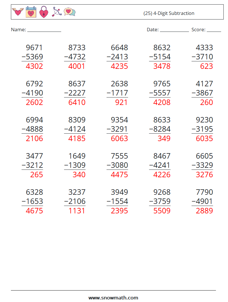 (25) 4-Digit Subtraction Maths Worksheets 18 Question, Answer