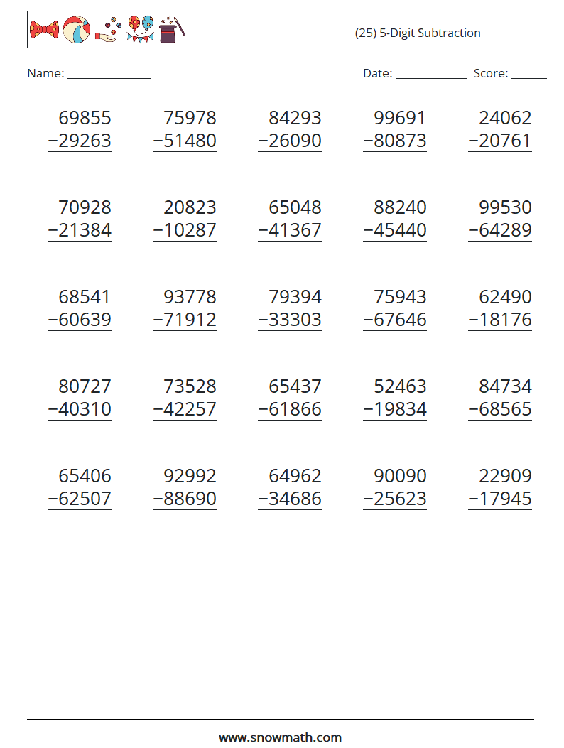 (25) 5-Digit Subtraction Maths Worksheets 11