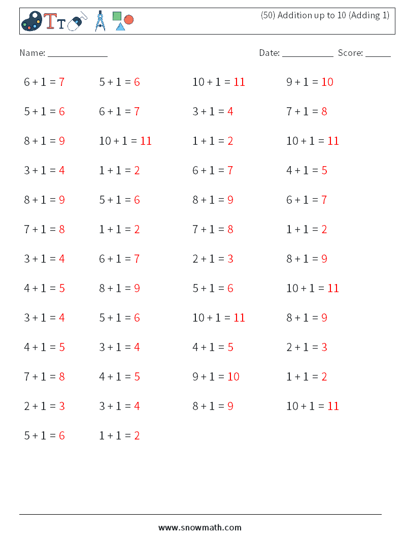 (50) Addition up to 10 (Adding 1) Math Worksheets 2 Question, Answer