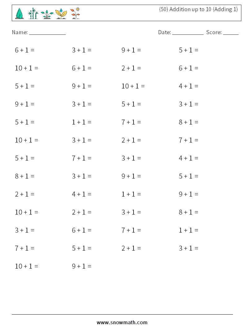 (50) Addition up to 10 (Adding 1) Math Worksheets 3